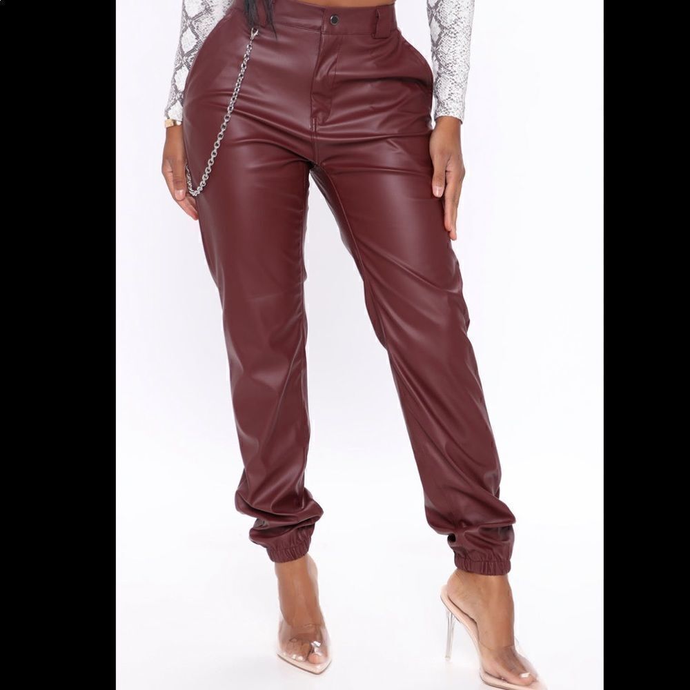 American Bazi Burgundy Faux Leather Jogger Pants